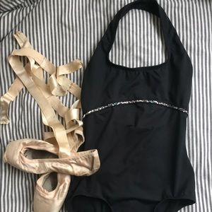 Natalie Black Halter Leotard with Jewel Details